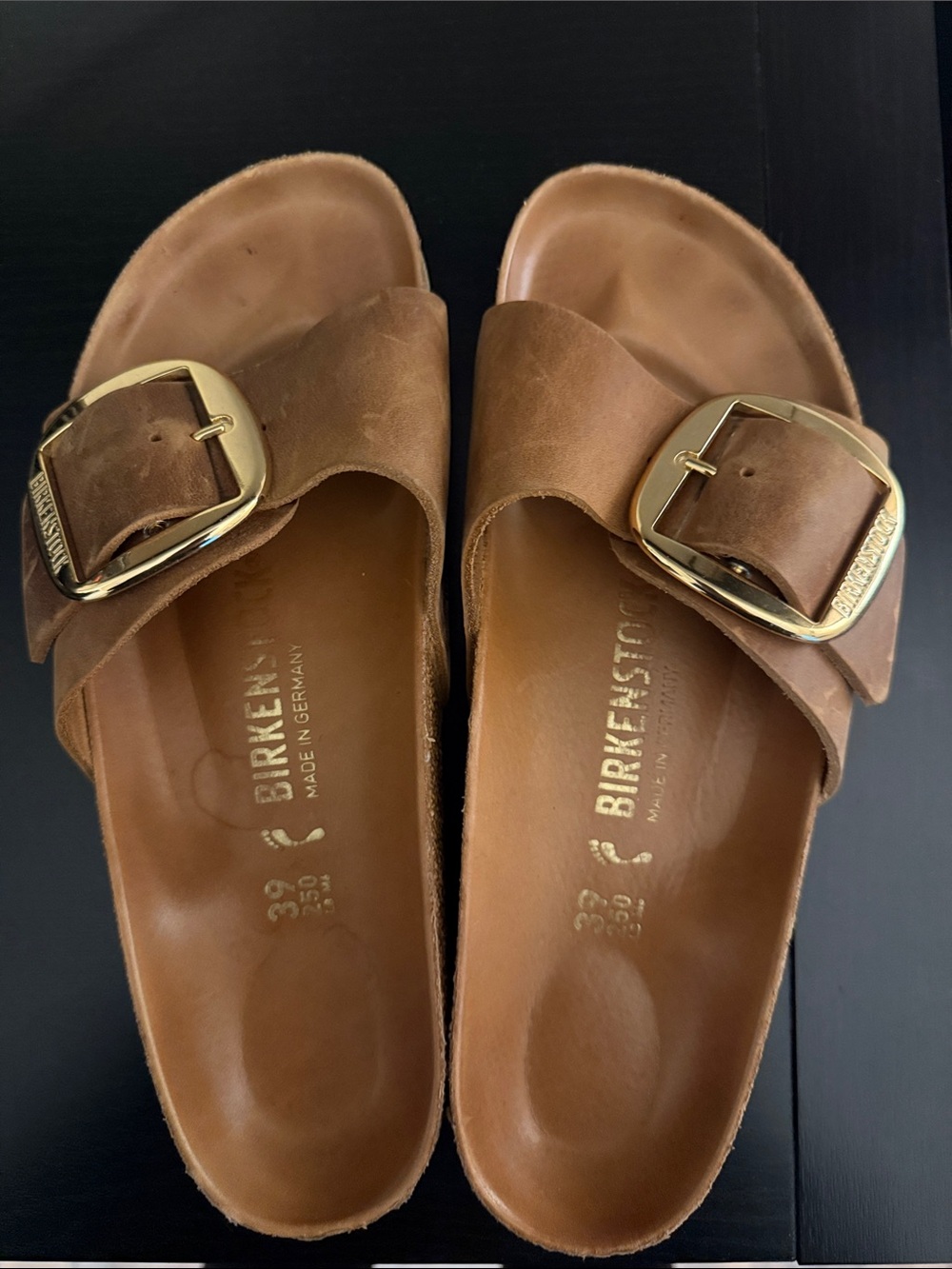 Birkenstock Big Buckle Leather Slide Sandals - Tan with Gold Buckles